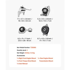 VEVOR Engine and Transmission Motor Mount Kit Replacement, Set of 4, Compatible with 2003–2008 Toyota Corolla 1.8L L4, Replace OE# A4220, A4219, A4218, A4221, Secure Support