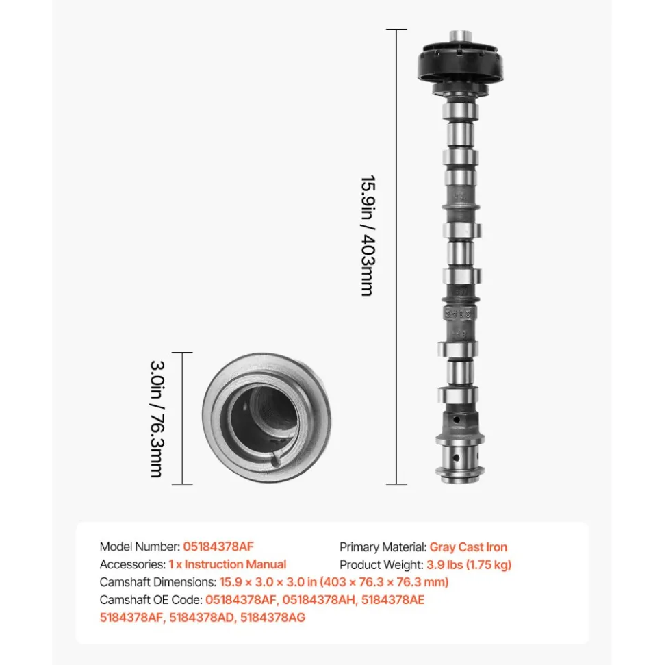 VEVOR Engine Camshaft, 05184378AF 05184378AH 5184378AE 5184378AF 5184378AD 5184378AG Cam Replacement, Fit 2018 Jeep Wrangler JK, 2011-2019 Dodge Journey, 2013-2018 Ram 1500, 2012 Ram C/V Base, 3.6L V6