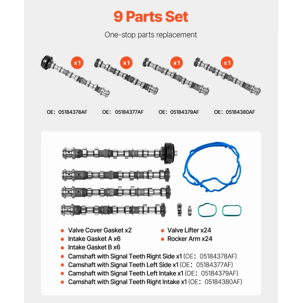 VEVOR Engine Camshafts Rockers Arm Lifters Kit, Cam Replacement for 2011-2016 Jeep Cherokee/Wrangler/Grand Cherokee, 2011-2016 Dodge Caravan/Journey/Durango