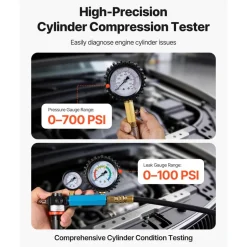 VEVOR Engine Cylinder Compression Tester Kit, 0-700 PSI Pressure Gauge & 0-100 PSI Leak Gauge, Automotive Leak Down Tester Kit with 4 Adapters, Pressure Check & Leakage Rate Test on Cars, Motorcycles