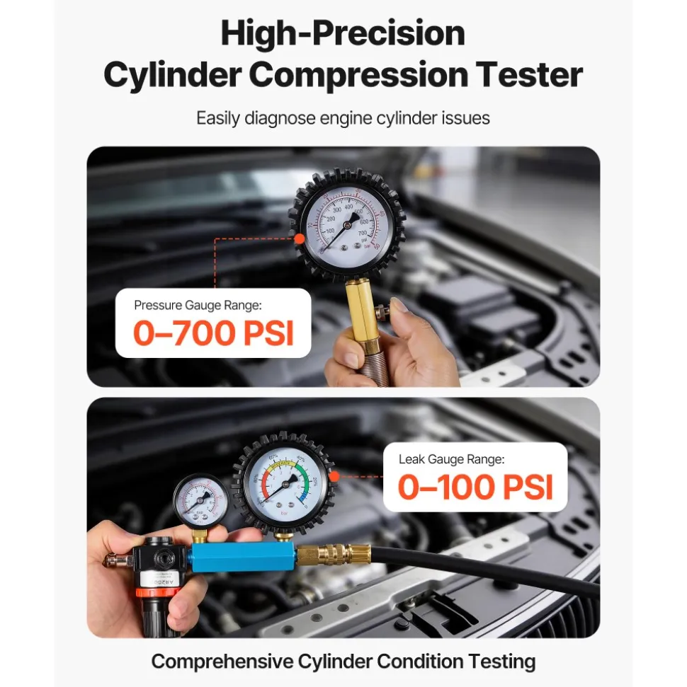 VEVOR Engine Cylinder Compression Tester Kit, 0-700 PSI Pressure Gauge & 0-100 PSI Leak Gauge, Automotive Leak Down Tester Kit with 4 Adapters, Pressure Check & Leakage Rate Test on Cars, Motorcycles