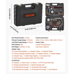 VEVOR Engine Cylinder Compression Tester Kit, 0-700 PSI Pressure Gauge & 0-100 PSI Leak Gauge, Automotive Leak Down Tester Kit with 4 Adapters, Pressure Check & Leakage Rate Test on Cars, Motorcycles
