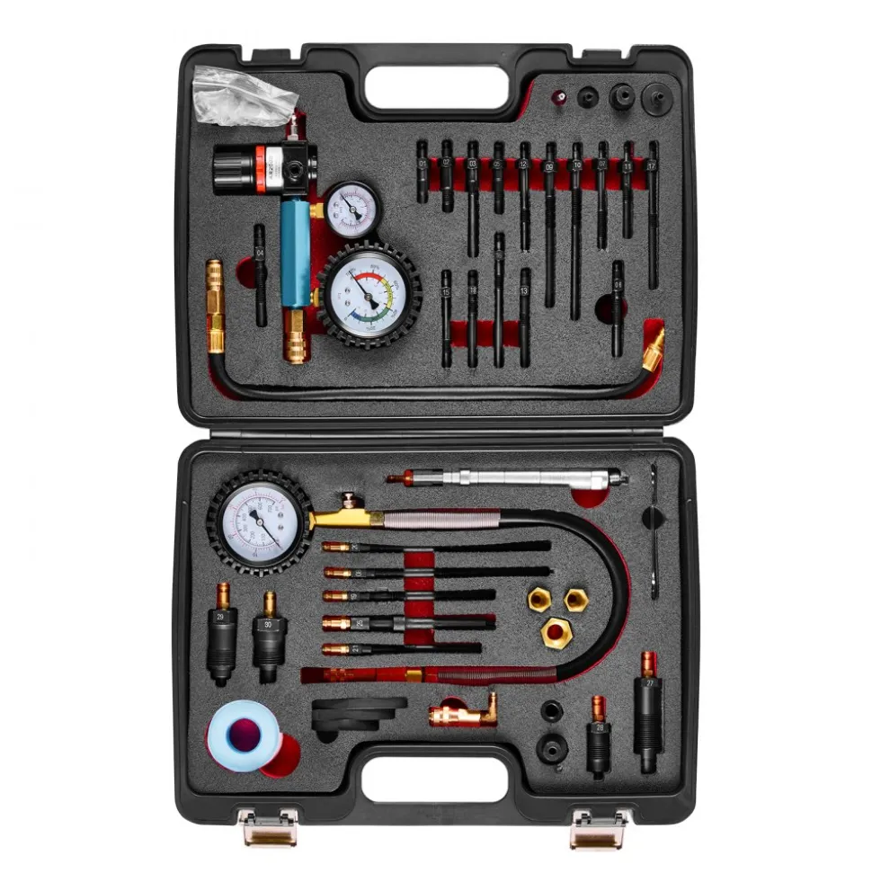 VEVOR Engine Cylinder Compression Tester Kit, 0-700 PSI Pressure Gauge & 0-100 PSI Leak Gauge, Automotive Leak Down Tester Kit with 4 Adapters, Pressure Check & Leakage Rate Test on Cars, Motorcycles