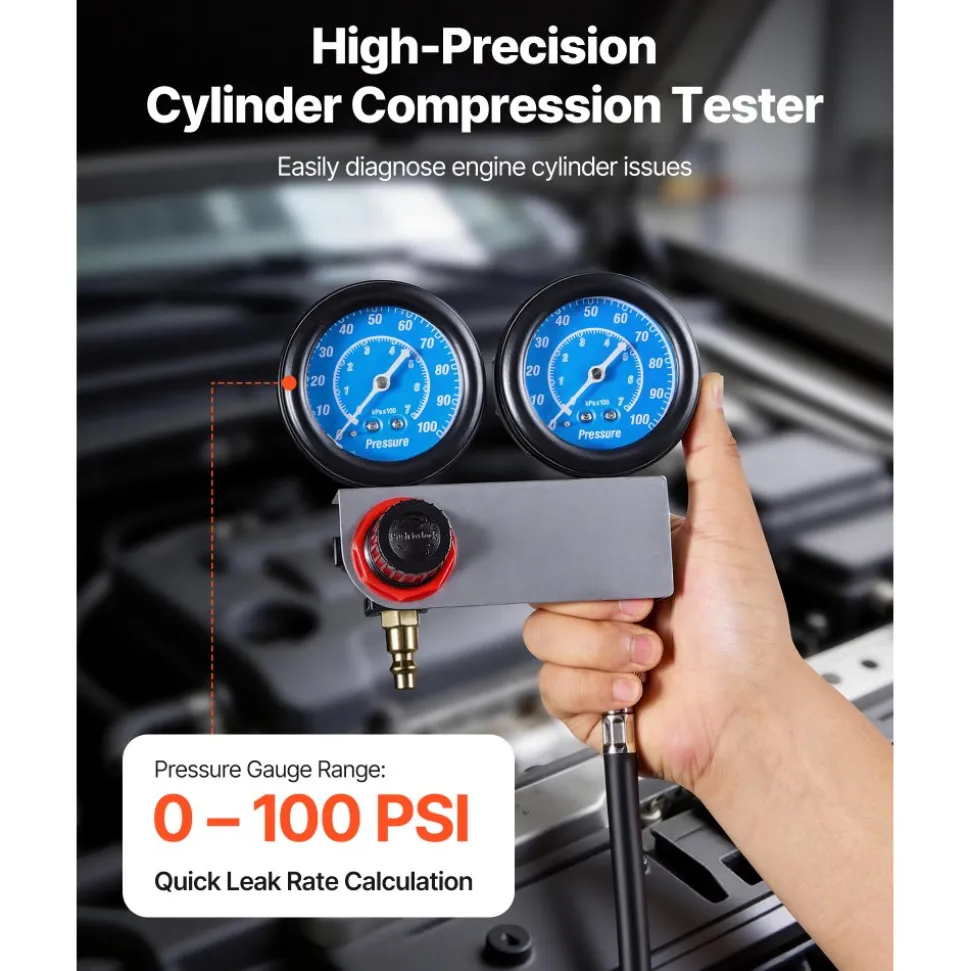 VEVOR Engine Cylinder Compression Tester Kit, Pressure Gauge Range of 10-200 PSI, Compression Tester Kit with 4 Adapters, Straight & Angled Extended Metal Tubes for Automotive Cars and Motorcycles