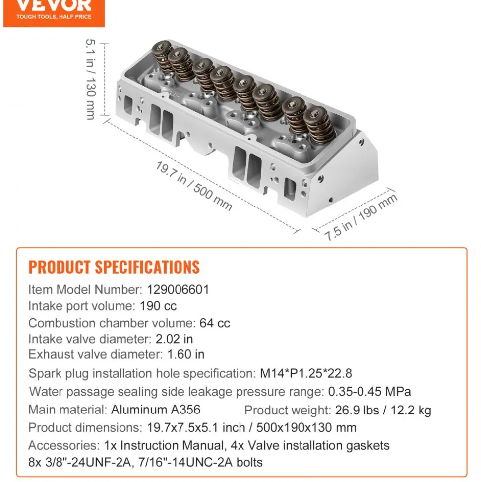 VEVOR Engine Cylinder Head Assembly Replacement, Aluminum Engine Cylinder Head Kit, Compatible with Small Block Chevrolet Engines, SBC 327/ 350/ 383, Corvette, Camaro, Z06
