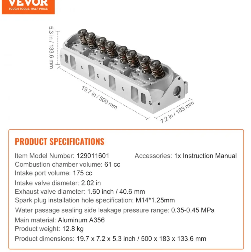 VEVOR Engine Cylinder Head Assembly Replacement, Aluminum Engine Cylinder Head, Compatible with Small Block Ford Engines, SBF GT40/ 289 / 302/ 1994 and Later 351W SBF Engines, FORD Mustang, GT40