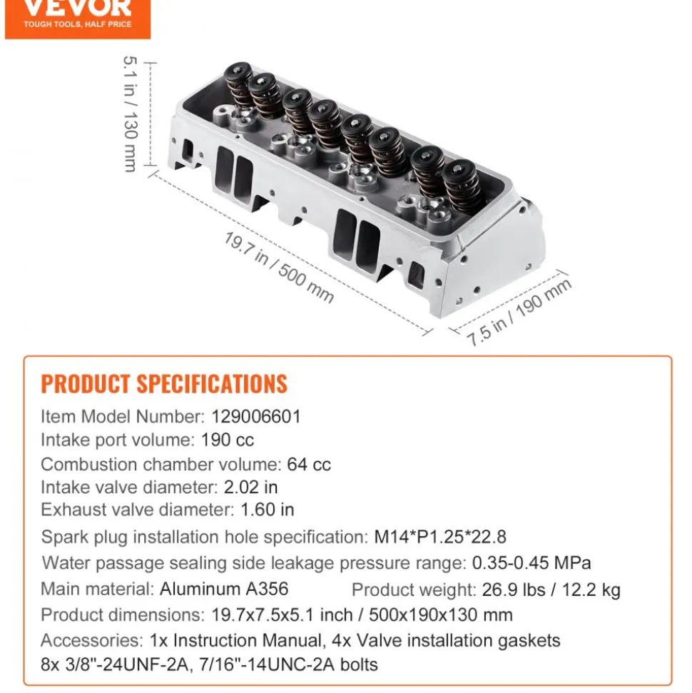 VEVOR Engine Cylinder Head Assembly Replacement, Aluminum Engine Cylinder Head Kit, Compatible with Small Block Chevrolet Engines, SBC 327/ 350/ 383, Corvette, Camaro, Z06