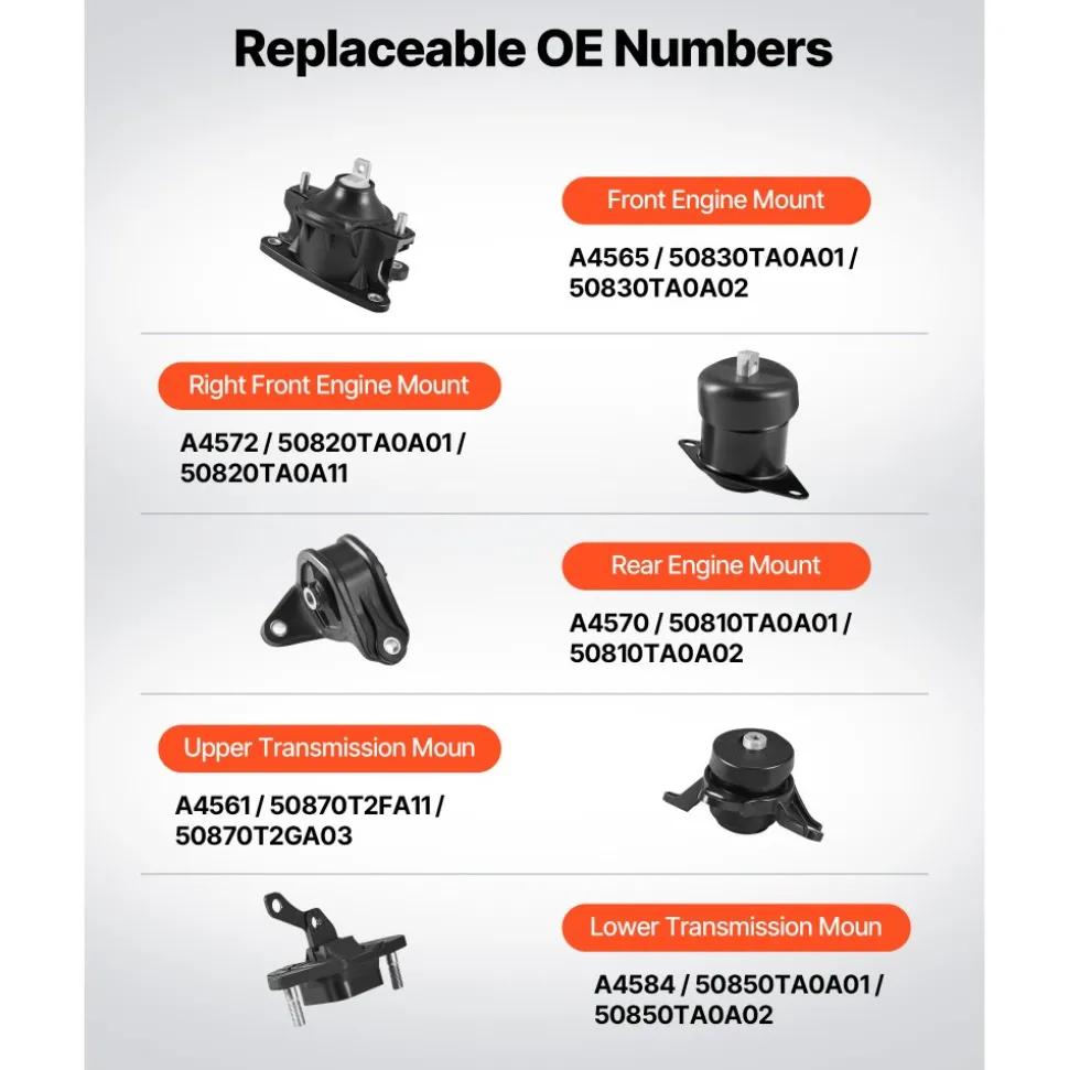 VEVOR Engine Motor Mount and Transmission Mount Kit Replacement, Set of 5, Compatible with 2008-2012 Honda Accord 2.4L L4 and 2009-2013 Acura TSX 2.4L, Replace OE# A4565 A4572 A4570 A4584 A4561