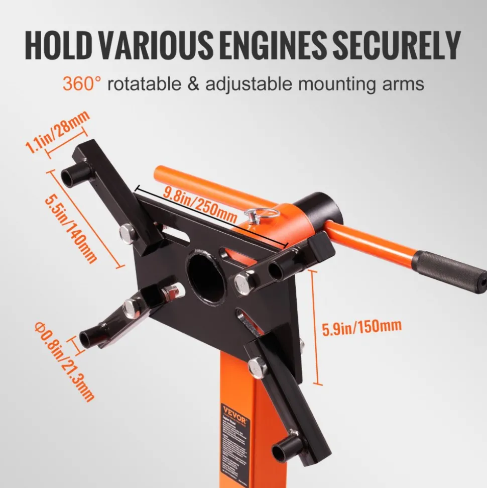 VEVOR Engine Stand, 1500 lbs (3/4 Ton) Rotating Engine Motor Stand with 360 Degree Adjustable Head, Cast Iron Folding Motor Hoist Dolly, 5-Caster, 4 Adjustable Arms, for Vehicle Maintenance