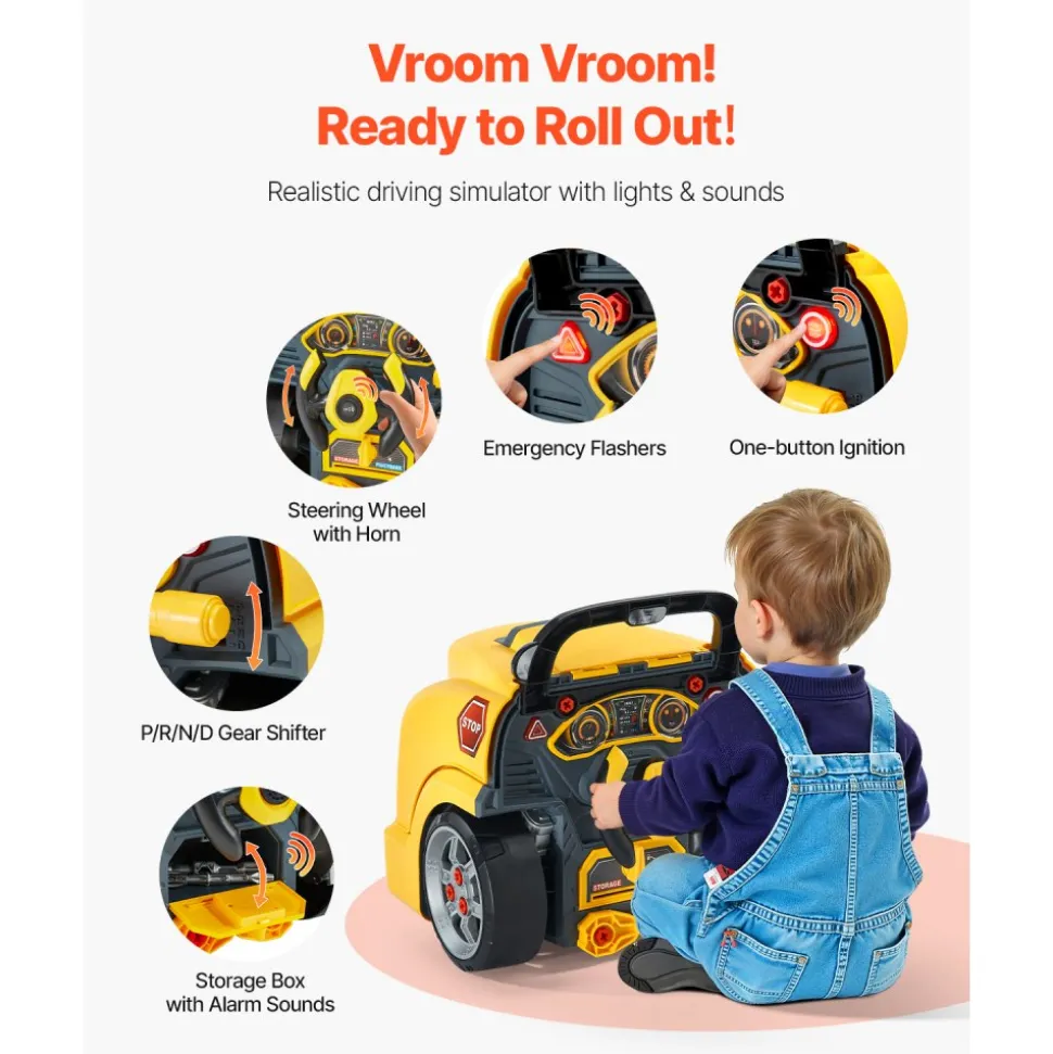 VEVOR Engine Toy, 60 Pieces, Kids Mechanic Car Repair Set with Removable Parts, Lights and Sounds, Steering Wheel and Horn, Kids Mechanic Workshop Set for Toddler Ages 3 Years and Up, Yellow