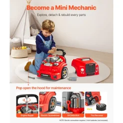 VEVOR Engine Toy, 60 Pieces, Kids Mechanic Car Repair Set with Removable Parts, Lights and Sounds, Steering Wheel and Horn, Kids Mechanic Workshop Set for Toddler Ages 3 Years and Up, Red