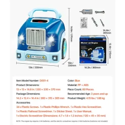 VEVOR Engine Toy, 60 Pieces, Kids Mechanic Car Repair Set with Removable Parts, Lights and Sounds, Steering Wheel and Horn, Kids Mechanic Workshop Set for Toddler Ages 3 Years and Up, Blue