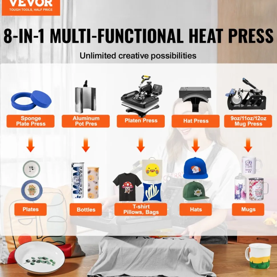 VEVOR Enhanced Heat Press Device, ETL Safety Certified, 12x15 inch, 8-in-1 Energy Efficient Combo, Versatile Sublimation with 360° Swivel
