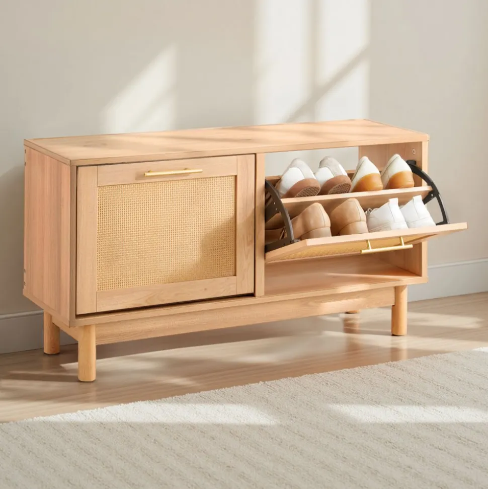 VEVOR Entryway Shoe Bench, 39.4 x 11.8 x 20.9 Inch Rattan-Like Shoes Bench with 2 Flip Drawers, 300lbs Shoe Storage Rack with 4 Compartments and 2 Rattan Doors, for Hallway, Living Room, Bedroom