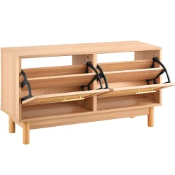 VEVOR Entryway Shoe Bench, 39.4 x 11.8 x 20.9 Inch Rattan-Like Shoes Bench with 2 Flip Drawers, 300lbs Shoe Storage Rack with 4 Compartments and 2 Rattan Doors, for Hallway, Living Room, Bedroom