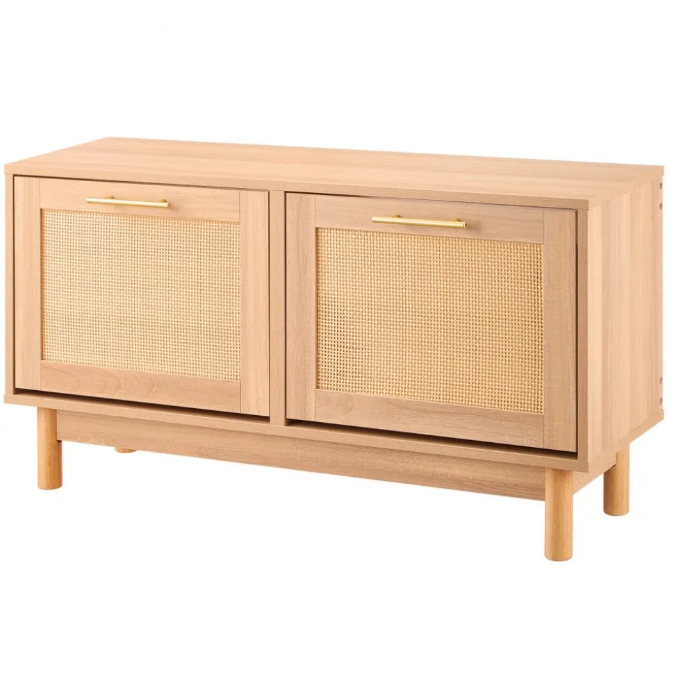 VEVOR Entryway Shoe Bench, 39.4 x 11.8 x 20.9 Inch Rattan-Like Shoes Bench with 2 Flip Drawers, 300lbs Shoe Storage Rack with 4 Compartments and 2 Rattan Doors, for Hallway, Living Room, Bedroom