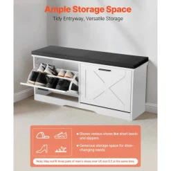VEVOR Entryway Shoe Storage Bench, 39.4 x 12.0 x 18.7 Inch Shoe Organizer with Flip Drawers, 440lbs Narrow Shoes Rack Bench with Cushion & Flip Doors, for Hallway, Living Room, Bedroom, Black + White