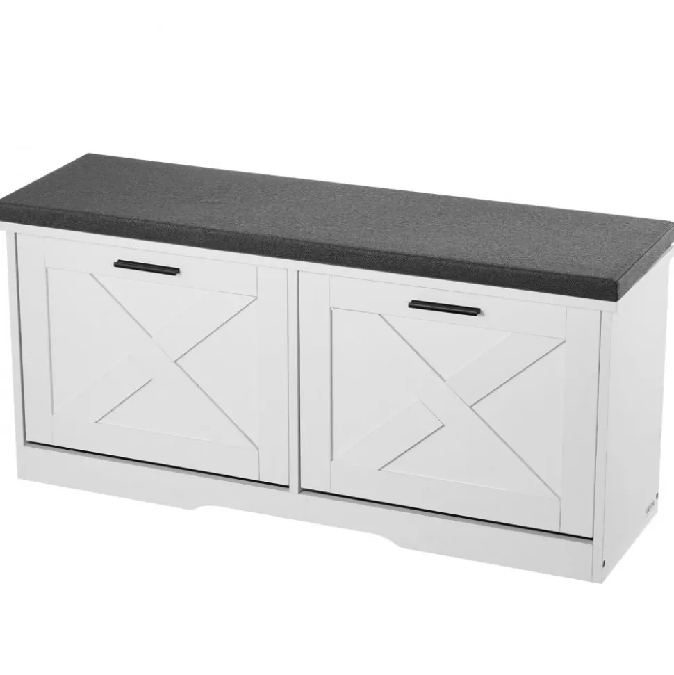 VEVOR Entryway Shoe Storage Bench, 39.4 x 12.0 x 18.7 Inch Shoe Organizer with Flip Drawers, 440lbs Narrow Shoes Rack Bench with Cushion & Flip Doors, for Hallway, Living Room, Bedroom, Black + White
