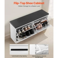 VEVOR Entryway Shoe Storage Bench, 39.4 x 12.0 x 18.7 Inch Shoe Organizer with Flip Drawers, 440lbs Narrow Shoes Rack Bench with Cushion & Flip Doors, for Hallway, Living Room, Bedroom, Black + White