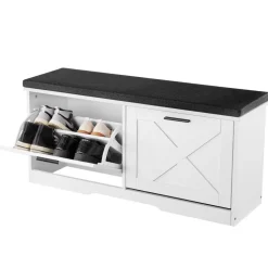 VEVOR Entryway Shoe Storage Bench, 39.4 x 12.0 x 18.7 Inch Shoe Organizer with Flip Drawers, 440lbs Narrow Shoes Rack Bench with Cushion & Flip Doors, for Hallway, Living Room, Bedroom, Black + White