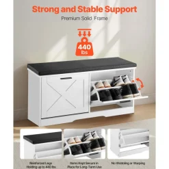 VEVOR Entryway Shoe Storage Bench, 39.4 x 12.0 x 18.7 Inch Shoe Organizer with Flip Drawers, 440lbs Narrow Shoes Rack Bench with Cushion & Flip Doors, for Hallway, Living Room, Bedroom, Black + White