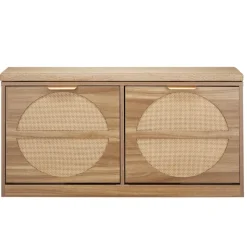 VEVOR Entryway Shoe Storage Bench 38.9" Wide 2-Tier Shoe Bench Rattan-Like, with 2 Flip Drawers, 440 lbs Load Capacity Storage Rack with Padded Seat Cushion, for Hallway, Living Room, and Bedroom