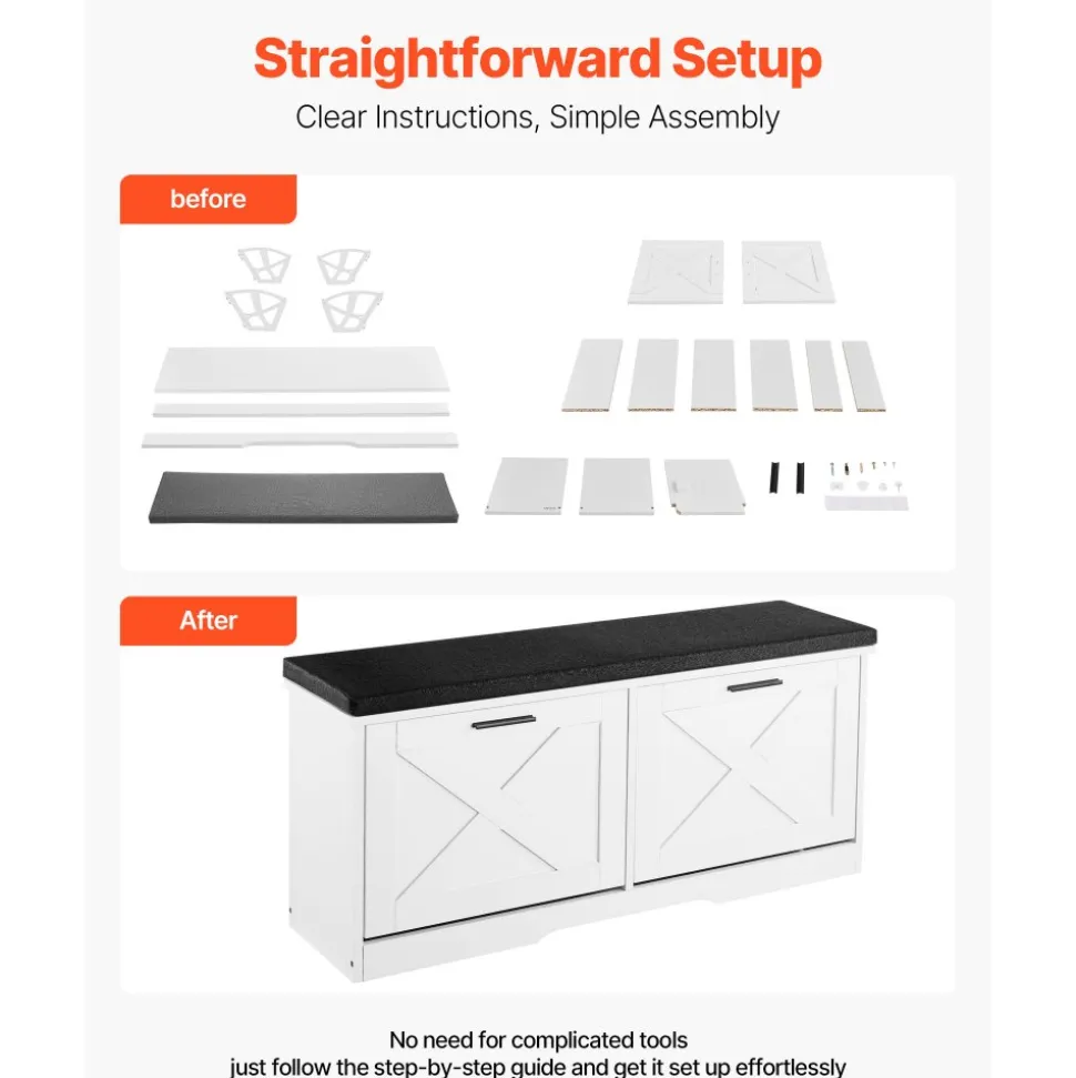 VEVOR Entryway Shoe Storage Bench 39.4" Wide 2-Tier Shoe Bench Black White, with 2 Flip Drawers, 440 lbs Load Capacity Storage Rack with Padded Seat Cushion, for Hallway, Living Room, and Bedroom