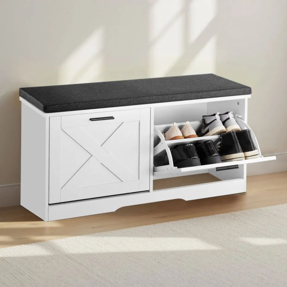 VEVOR Entryway Shoe Storage Bench 39.4" Wide 2-Tier Shoe Bench Black White, with 2 Flip Drawers, 440 lbs Load Capacity Storage Rack with Padded Seat Cushion, for Hallway, Living Room, and Bedroom