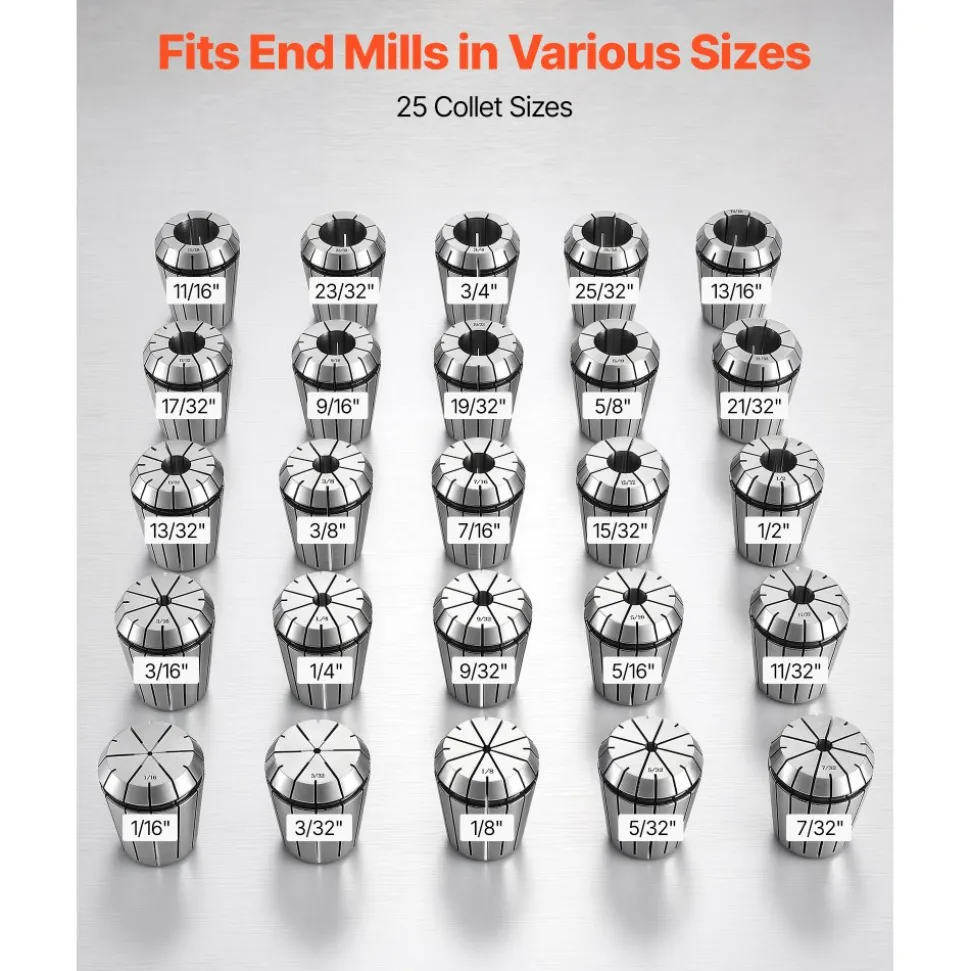 VEVOR ER32 Collet Set 1/16"-13/16" 25 Piece ER32 Spring Collet Chuck Set, for Milling Machines & Drill Presses, 0.0008" TIR High Concentricity, Precision Lathe Chuck Tool with Storage Box, Alloy Steel