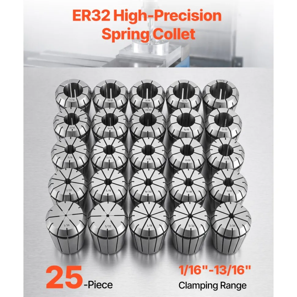 VEVOR ER32 Collet Set 1/16"-13/16" 25 Piece ER32 Spring Collet Chuck Set, for Milling Machines & Drill Presses, 0.0008" TIR High Concentricity, Precision Lathe Chuck Tool with Storage Box, Alloy Steel