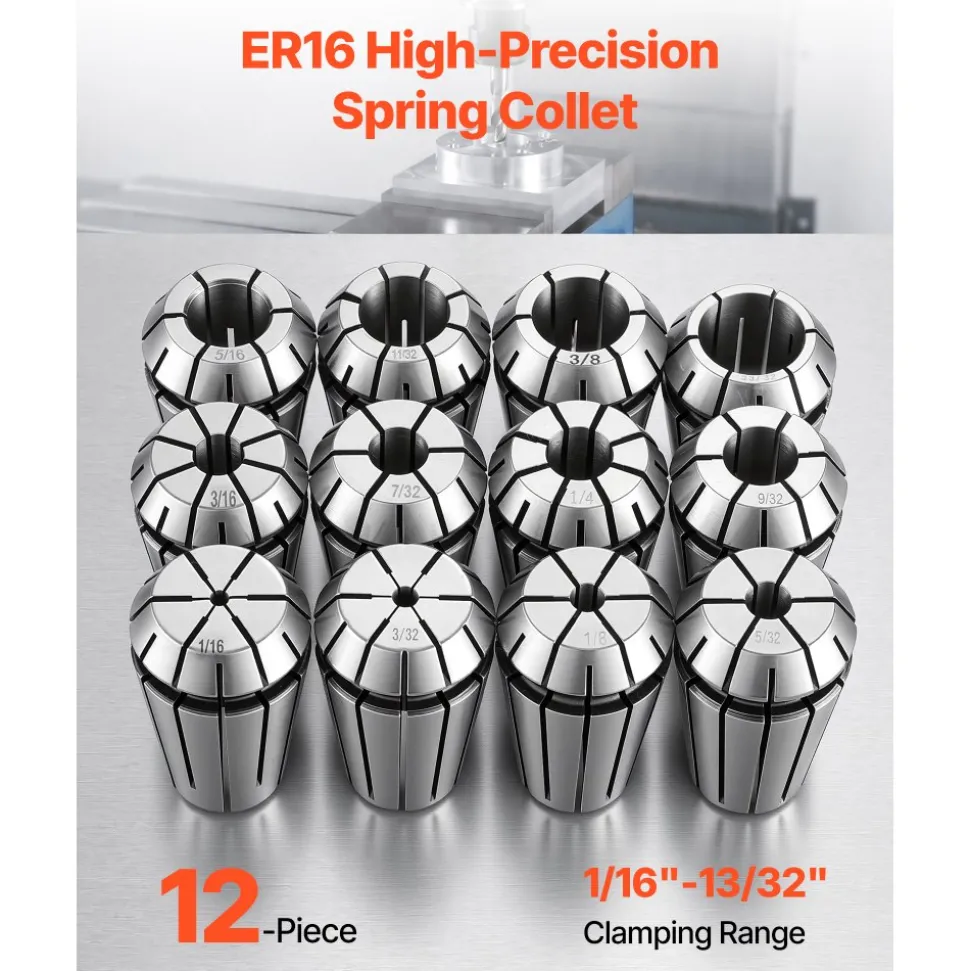 VEVOR ER16 Collet Set 1/16"-13/32" 12 Piece ER16 Spring Collet Chuck Set, for CNC Milling Machines & Drill Presses, 0.0008" TIR High Concentricity, Lathe Chuck Tool with Storage Case, Alloy Steel