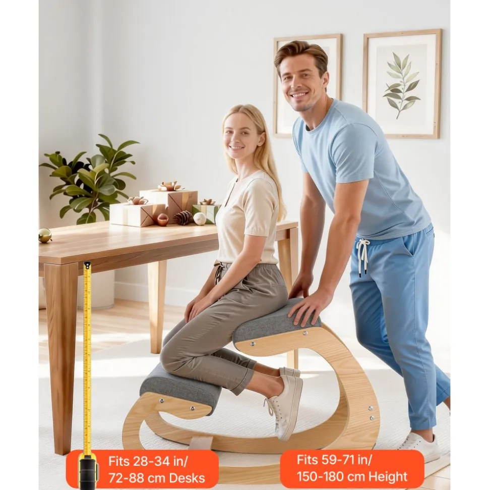 VEVOR Ergonomic Kneeling Chair, Wooden Posture Knee Chair with Adjustable Thick Foam Cushions & Solid Wood Frame, Adjustable Height, Relief for Neck or Back Pain for Home, Office or Meditation, Beige
