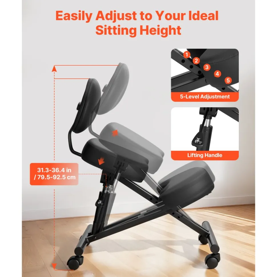 VEVOR Ergonomic Kneeling Chair with Backrest & Wheels, Mobile X-Shaped Posture Knee Chair with Adjustable Height & Thick Foam Cushions, Relief for Neck or Back Pain for Home, Office, Meditation, Black