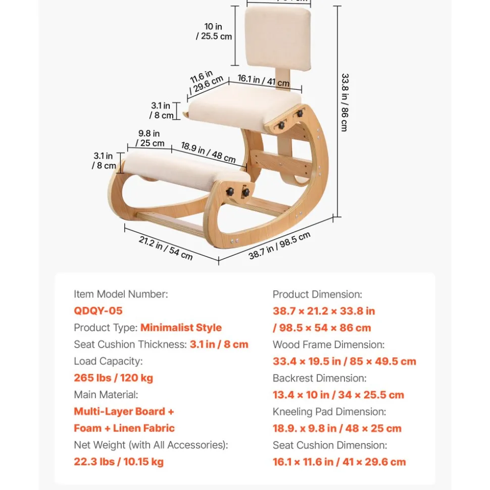VEVOR Ergonomic Kneeling Chair, Wooden Posture Knee Chair with Adjustable Thick Foam Cushions, Backrest and Wood Frame, Adjustable Height, Relief for Neck or Back Pain for Home, Office or Meditation