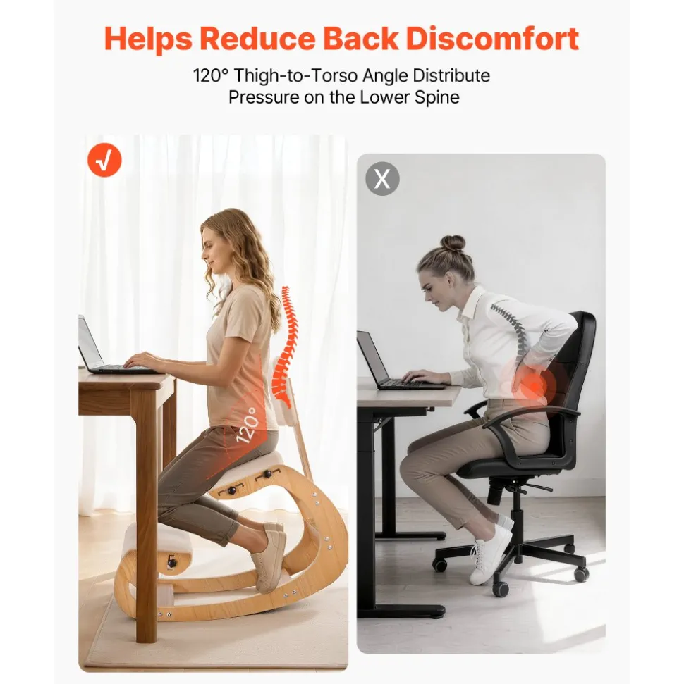VEVOR Ergonomic Kneeling Chair, Wooden Posture Knee Chair with Adjustable Thick Foam Cushions, Backrest and Wood Frame, Adjustable Height, Relief for Neck or Back Pain for Home, Office or Meditation