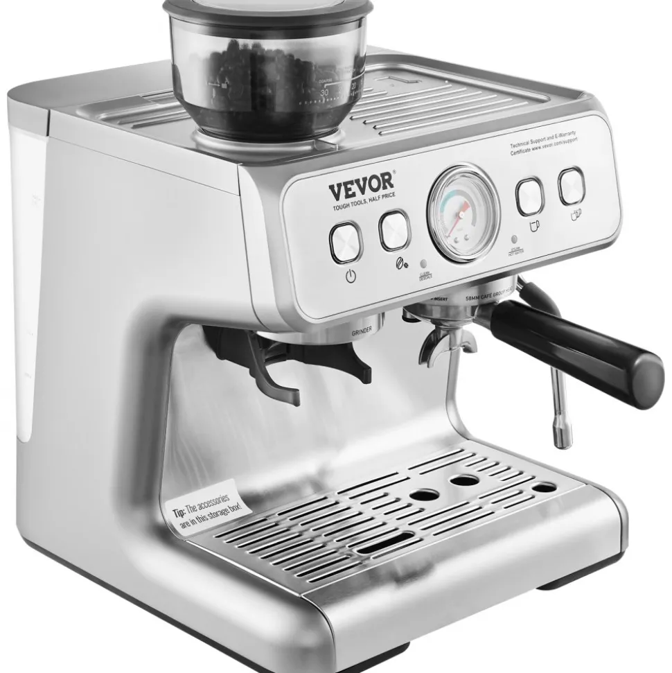 VEVOR Espresso Machine with Grinder, 15 Bar Semi-Automatic Espresso Coffee Maker with Milk Frother Steam Wand, Removable Water Tank & Pressure Gauge for Cappuccino, Latte, Machiato, PID Control System