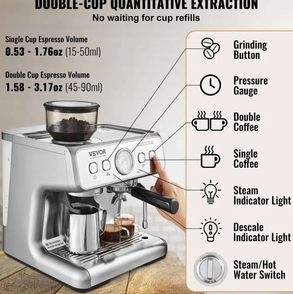 VEVOR Espresso Machine with Grinder, 15 Bar Semi-Automatic Espresso Coffee Maker with Milk Frother Steam Wand, Removable Water Tank & Pressure Gauge for Cappuccino, Latte, Machiato, PID Control System