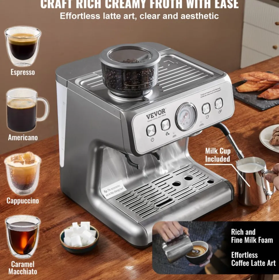 VEVOR Espresso Machine with Grinder, 15 Bar Semi-Automatic Espresso Coffee Maker with Milk Frother Steam Wand, Removable Water Tank & Pressure Gauge for Cappuccino, Latte, Machiato, PID Control System