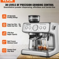 VEVOR Espresso Machine with Grinder, 15 Bar Semi-Automatic Espresso Coffee Maker with Milk Frother Steam Wand, Removable Water Tank & Pressure Gauge for Cappuccino, Latte, Machiato, PID Control System