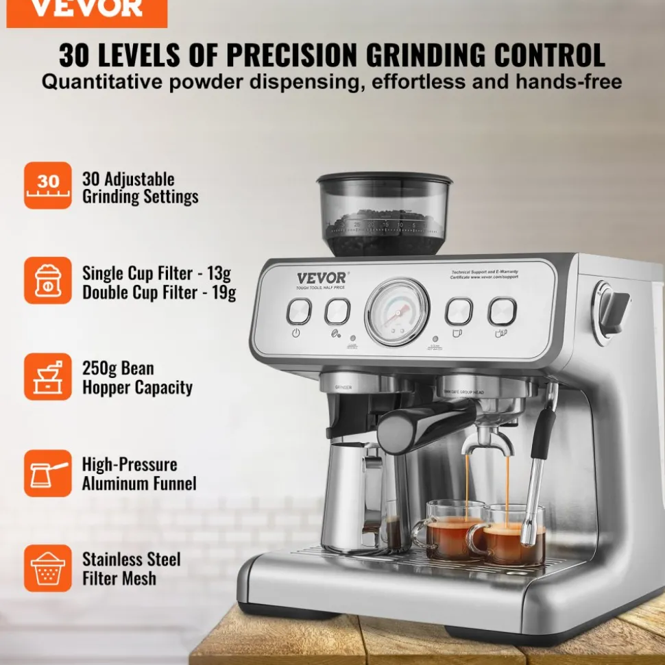 VEVOR Espresso Machine with Grinder, 15 Bar Semi-Automatic Espresso Coffee Maker with Milk Frother Steam Wand, Removable Water Tank & Pressure Gauge for Cappuccino, Latte, Machiato, PID Control System