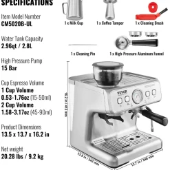 VEVOR Espresso Machine with Grinder, 15 Bar Semi-Automatic Espresso Coffee Maker with Milk Frother Steam Wand, Removable Water Tank & Pressure Gauge for Cappuccino, Latte, Machiato, PID Control System