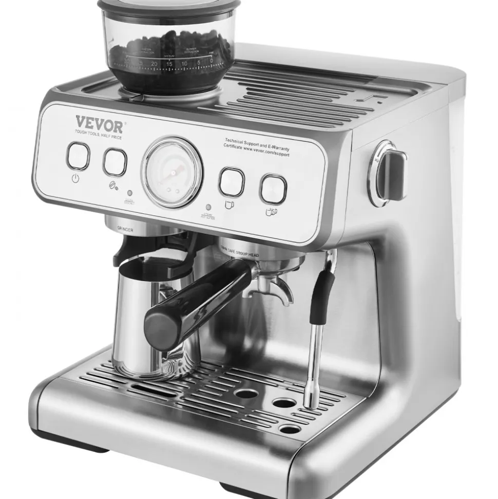 VEVOR Espresso Machine with Grinder, 15 Bar Semi-Automatic Espresso Coffee Maker with Milk Frother Steam Wand, Removable Water Tank & Pressure Gauge for Cappuccino, Latte, Machiato, PID Control System