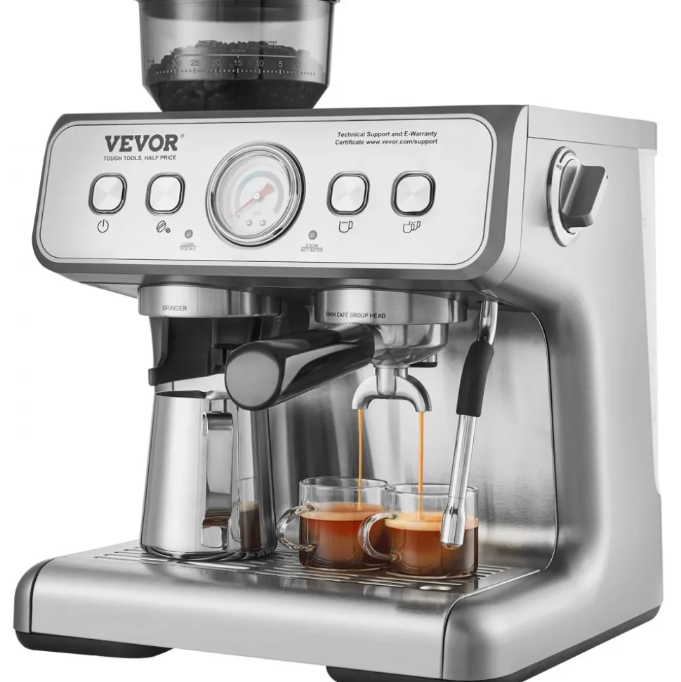 VEVOR Espresso Machine with Grinder, 15 Bar Semi-Automatic Espresso Coffee Maker with Milk Frother Steam Wand, Removable Water Tank & Pressure Gauge for Cappuccino, Latte, Machiato, PID Control System