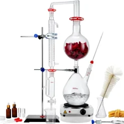 VEVOR Essential Oil Distillation Kit, 2000ml Distillation Apparatus, 3.3 Boro Lab Glassware Distillation Kit with 1000W Heating Plate and 24, 40 Joint, 28 pcs Set