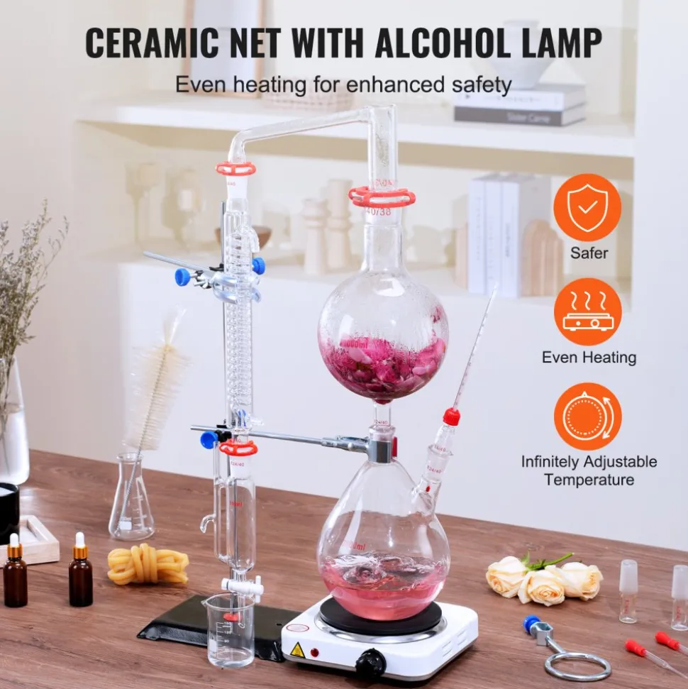 VEVOR Essential Oil Distillation Kit, 2000ml Distillation Apparatus, 3.3 Boro Lab Glassware Distillation Kit with 1000W Heating Plate and 24, 40 Joint, 28 pcs Set
