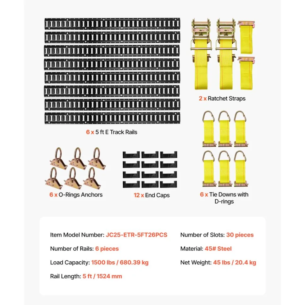 VEVOR E-Track Tie-Down Rail Kit, 8 Pack (5ft+4ft+2ft+1ft) E Track Rails, 36 Pcs Includes 2 Ratchet Straps & 8 O-Rings & 8 Tie-Offs with D-Ring & 2 Single Slots & 16 End Caps, Fit for Vans Trailers