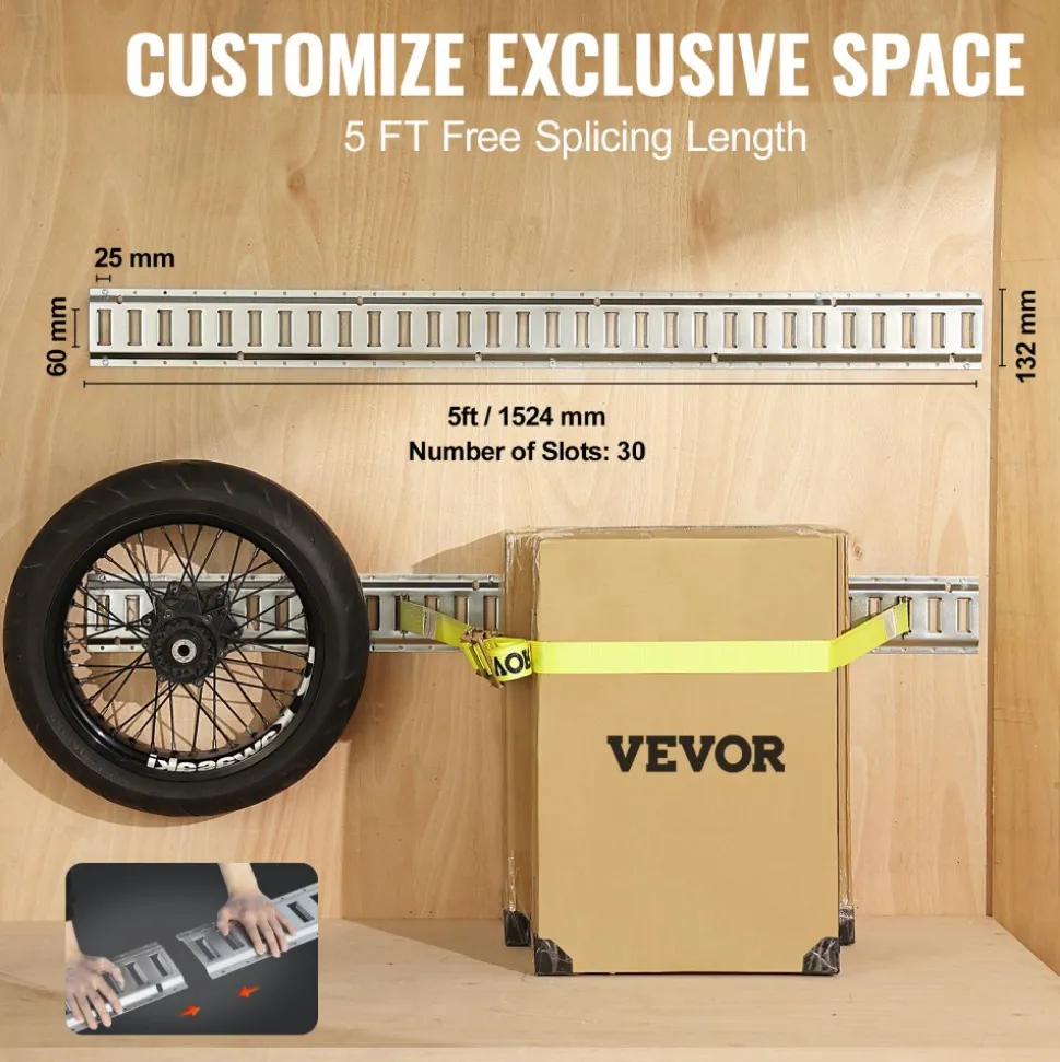 VEVOR E Track Tie-Down Rail Kit, 24PCS 5' E-Tracks Set Includes 8 Steel Rails & 8 O-Ring Anchors & 8 Tie-Offs with D-Ring, Versatile Securing Accessories for Cargo Motorcycles Bikes, 2000 lbs Load