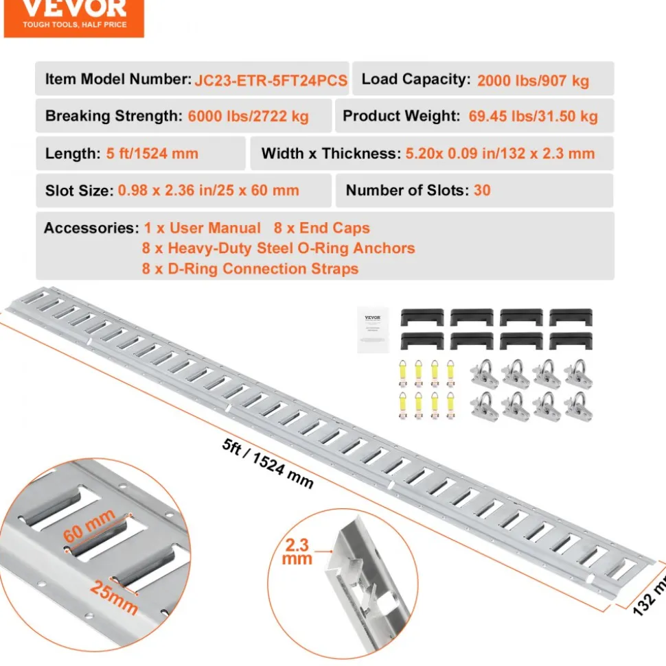 VEVOR E Track Tie-Down Rail Kit, 24PCS 5' E-Tracks Set Includes 8 Steel Rails & 8 O-Ring Anchors & 8 Tie-Offs with D-Ring, Versatile Securing Accessories for Cargo Motorcycles Bikes, 2000 lbs Load