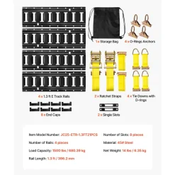 VEVOR E-Track Tie-Down Rail Kit, 4 Pack 1.3 ft E Tracks Set, 21 Pcs Includes 2 Ratchet Straps & 4 O-Rings & 4 Tie-Offs with D-Ring & 2 Single Slots & 8 End Caps & 1 Bag, Fit for Garages Vans Trailers