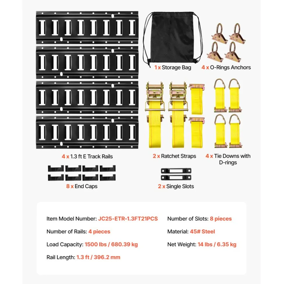 VEVOR E-Track Tie-Down Rail Kit, 4 Pack 1.3 ft E Tracks Set, 21 Pcs Includes 2 Ratchet Straps & 4 O-Rings & 4 Tie-Offs with D-Ring & 2 Single Slots & 8 End Caps & 1 Bag, Fit for Garages Vans Trailers
